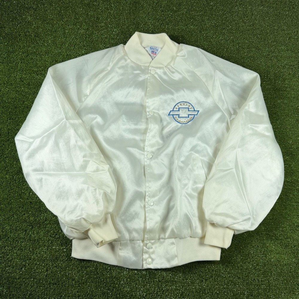 Vintage WestArk USA Chevrolet Satin Bomber Jacket White Mens Large Made in USA